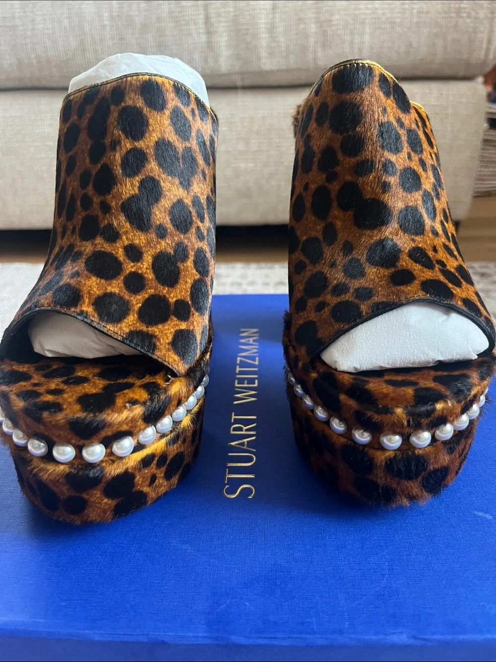 Stuart Weitzman NEW W BOX sky high faux pearl leopard platform sandals sz 8